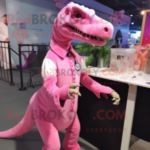 Pink Allosaurus mascot costume character dressed with a Button-Up Shirt and Hair clips