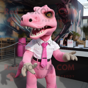 Pink Allosaurus mascot costume character dressed with a Button-Up Shirt and Hair clips