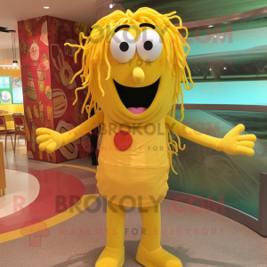 Yellow Spaghetti mascot costume character dressed with a Button-Up Shirt and Brooches