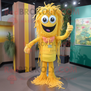 Yellow Spaghetti mascot costume character dressed with a Button-Up Shirt and Brooches