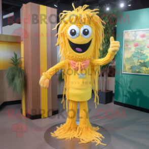 Yellow Spaghetti mascot costume character dressed with a Button-Up Shirt and Brooches