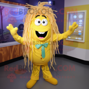 Yellow Spaghetti mascot costume character dressed with a Button-Up Shirt and Brooches