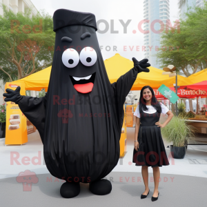 Black French Fries mascot costume character dressed with a Dress Shirt and Wraps