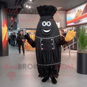 Black French Fries mascot costume character dressed with a Dress Shirt and Wraps