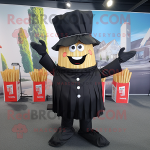 Black French Fries mascot costume character dressed with a Dress Shirt and Wraps