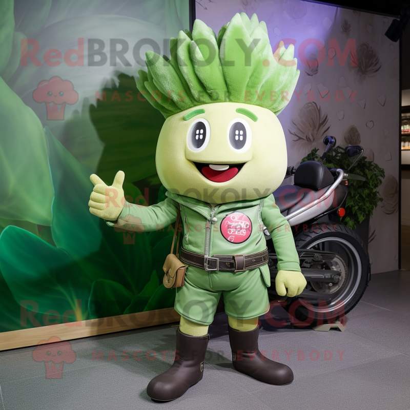 Olive Turnip mascot costume character dressed with a Moto Jacket and Hairpins