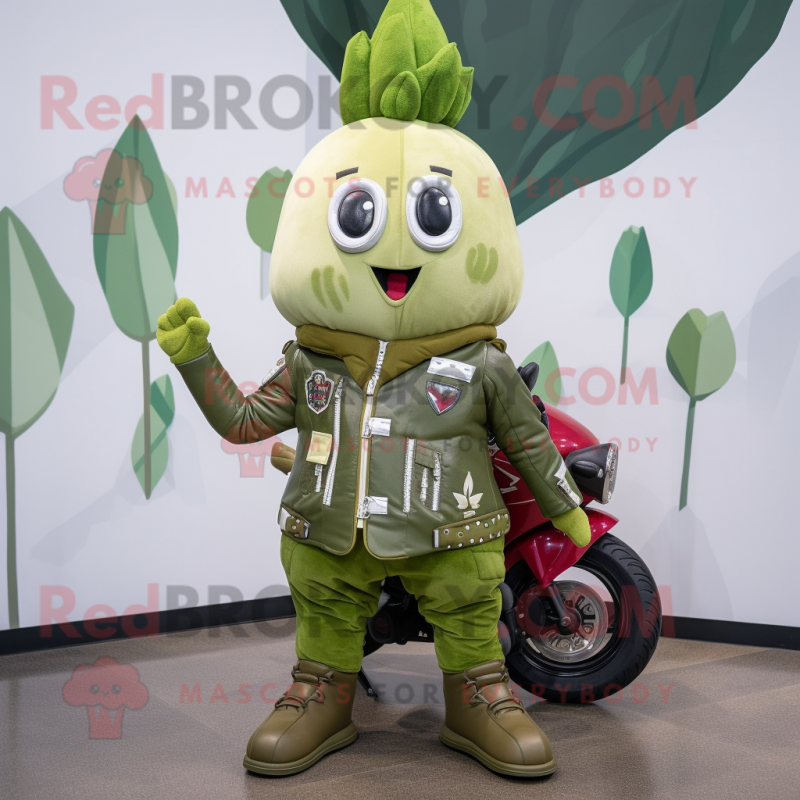 Olive Turnip mascot costume character dressed with a Moto Jacket and Hairpins Olive Turnip mascot costume character dressed with a Moto Jacket and Hairpins
