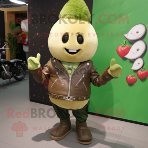 Olive Turnip mascot costume character dressed with a Moto Jacket and Hairpins