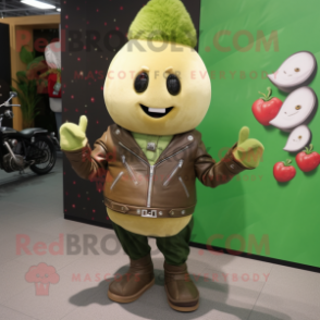 Olive Turnip mascot costume character dressed with a Moto Jacket and Hairpins
