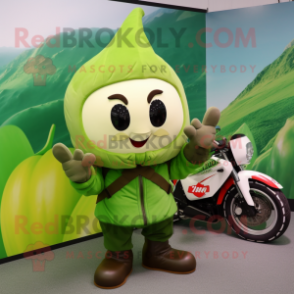 Olive Turnip mascot costume character dressed with a Moto Jacket and Hairpins