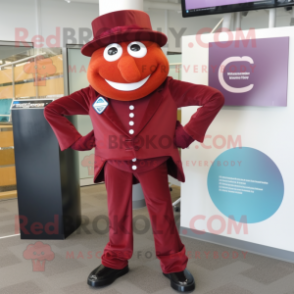 Maroon Gyro mascot costume character dressed with a Suit and Foot pads