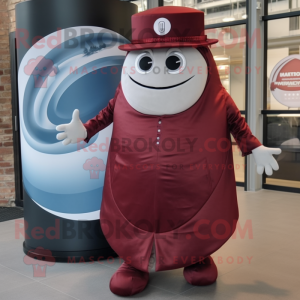 Maroon Gyro mascot costume character dressed with a Suit and Foot pads