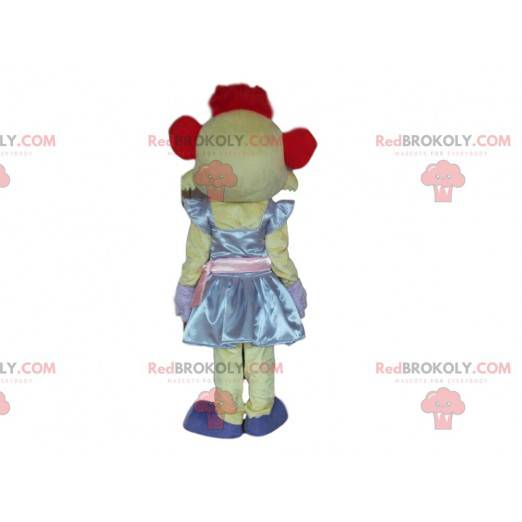 Mausmaskottchen mit einem Kleid und roten Haaren -