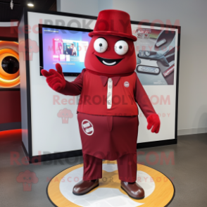 Maroon Gyro mascot costume character dressed with a Suit and Foot pads