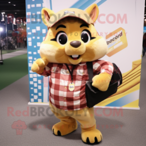 Yellow Chipmunk mascot costume character dressed with a Flannel Shirt and Briefcases