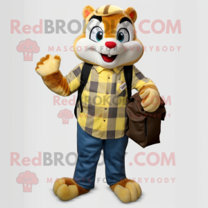 Yellow Chipmunk mascot costume character dressed with a Flannel Shirt and Briefcases