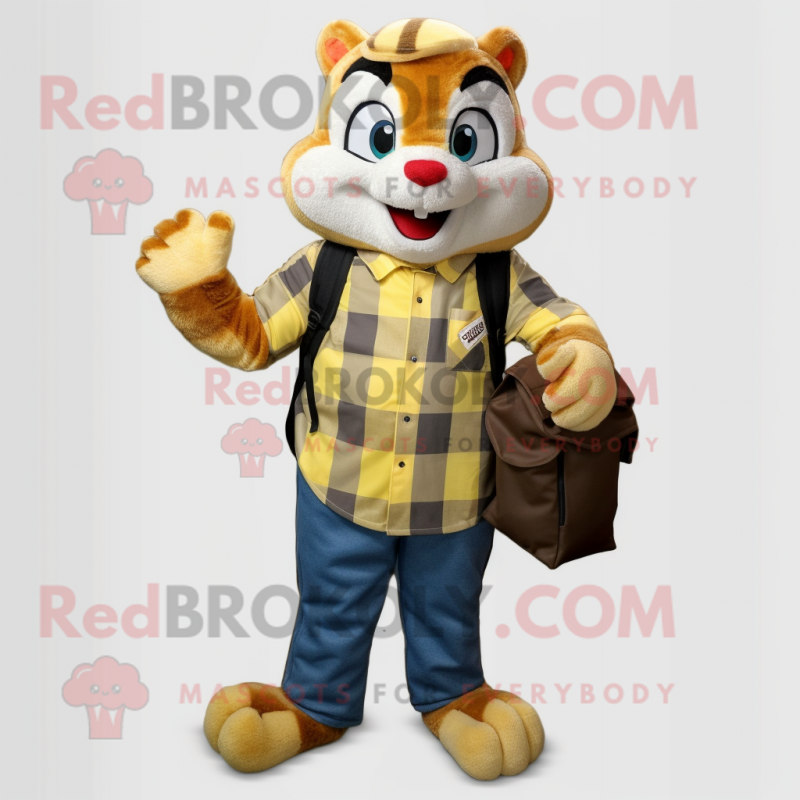 Yellow Chipmunk mascot costume character dressed with a Flannel Shirt and Briefcases Yellow Chipmunk mascot costume character dressed with a Flannel Shirt and Briefcases