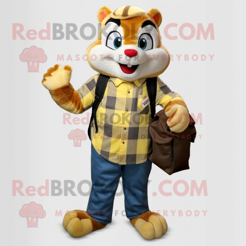 Yellow Chipmunk mascot costume character dressed with a Flannel Shirt and Briefcases