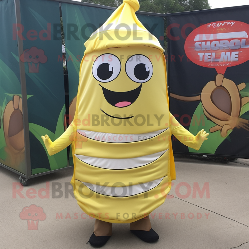 Lemon Yellow Bbq Ribs mascot costume character dressed with a Wrap Skirt and Wraps Lemon Yellow Bbq Ribs mascot costume character dressed with a Wrap Skirt and Wraps