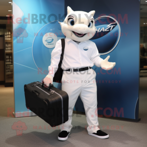 White Tuna mascot costume character dressed with a Polo Tee and Briefcases