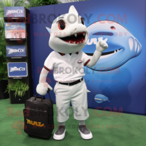 White Tuna mascot costume character dressed with a Polo Tee and Briefcases