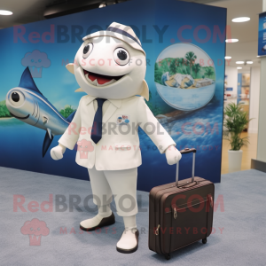 White Tuna mascot costume character dressed with a Polo Tee and Briefcases