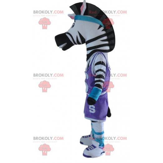 Zebra-mascotte in sportkleding, sportdierkostuum -