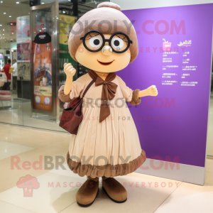 Tan Plum mascot costume character dressed with a Pleated Skirt and Eyeglasses