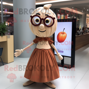 Tan Plum mascot costume character dressed with a Pleated Skirt and Eyeglasses