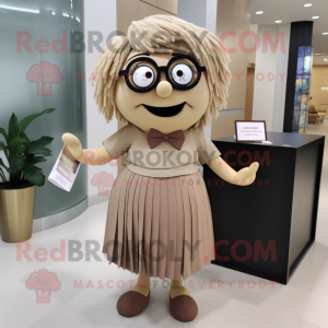 Tan Plum mascot costume character dressed with a Pleated Skirt and Eyeglasses