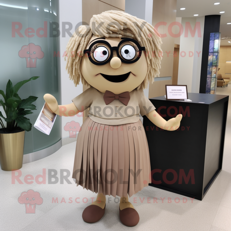 Tan Plum mascot costume character dressed with a Pleated Skirt and Eyeglasses