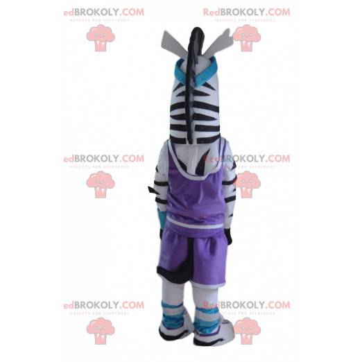 Zebra-mascotte in sportkleding, sportdierkostuum -
