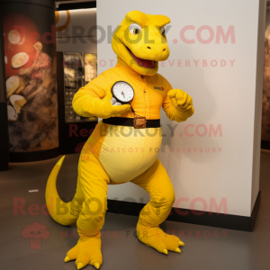 Yellow Komodo Dragon mascot costume character dressed with a Flare Jeans and Smartwatches