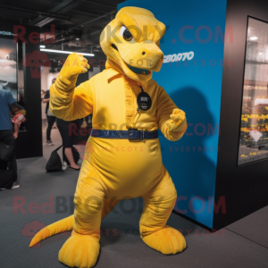Yellow Komodo Dragon mascot costume character dressed with a Flare Jeans and Smartwatches