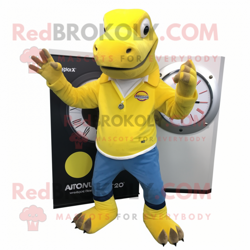 Yellow Komodo Dragon mascot costume character dressed with a Flare Jeans and Smartwatches