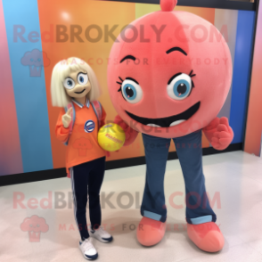 Peach Handball Ball mascot costume character dressed with a Mom Jeans and Wallets