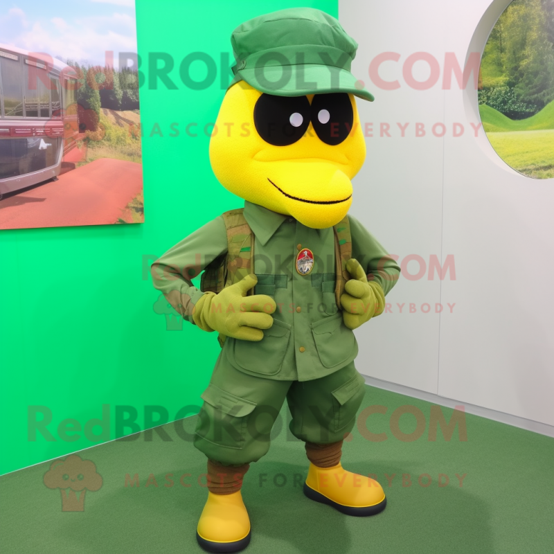 Yellow Green Beret mascot costume character dressed with a Vest and Shoe laces Yellow Green Beret mascot costume character dressed with a Vest and Shoe laces