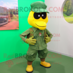 Yellow Green Beret mascot costume character dressed with a Vest and Shoe laces