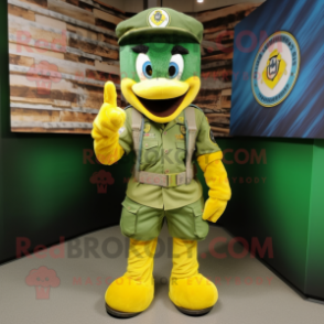 Yellow Green Beret mascot costume character dressed with a Vest and Shoe laces