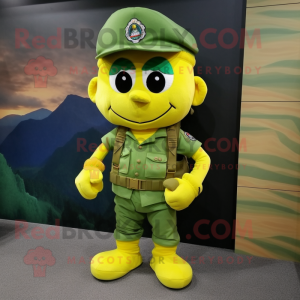 Yellow Green Beret mascot costume character dressed with a Vest and Shoe laces