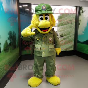 Yellow Green Beret mascot costume character dressed with a Vest and Shoe laces