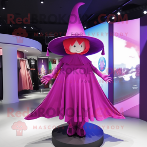 Magenta Witch'S Hat mascot costume character dressed with a Long Sleeve Tee and Berets