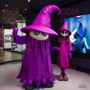 Magenta Witch'S Hat mascot costume character dressed with a Long Sleeve Tee and Berets