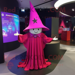 Magenta Witch'S Hat mascot costume character dressed with a Long Sleeve Tee and Berets