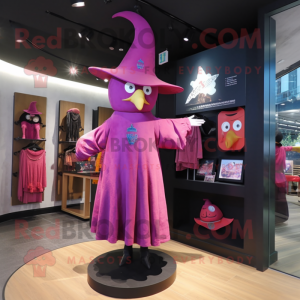 Magenta Witch'S Hat mascot costume character dressed with a Long Sleeve Tee and Berets