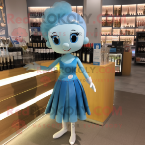Sky Blue Champagne mascot costume character dressed with a Skirt and Headbands