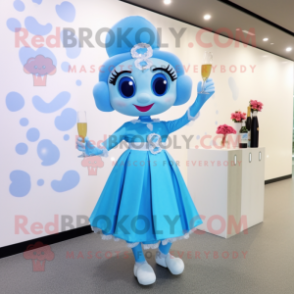 Sky Blue Champagne mascot costume character dressed with a Skirt and Headbands