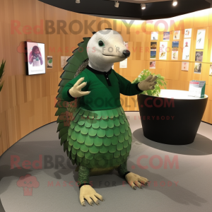 Forest Green Pangolin mascot costume character dressed with a Pencil Skirt and Bracelets