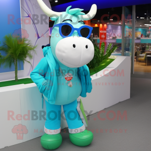 Cyan Cow mascot costume character dressed with a Skinny Jeans and Eyeglasses