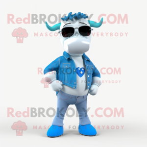 Cyan Cow mascot costume character dressed with a Skinny Jeans and Eyeglasses